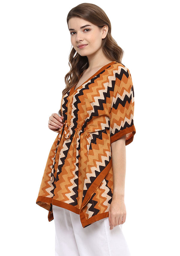 Mustard Ivory Chevron Hand Block Printed Short Cotton Kaftan Tunic - unidra.myshopify.com