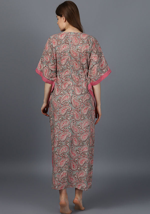 Grey Pink Paisley Hand Block Printed Tie-Up Waist Cotton Kaftan - unidra.myshopify.com