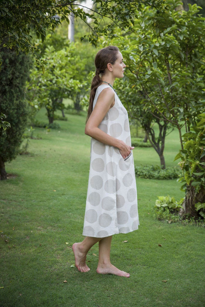 Beige Polka Printed Calf Length Cotton Dress - unidra.myshopify.com