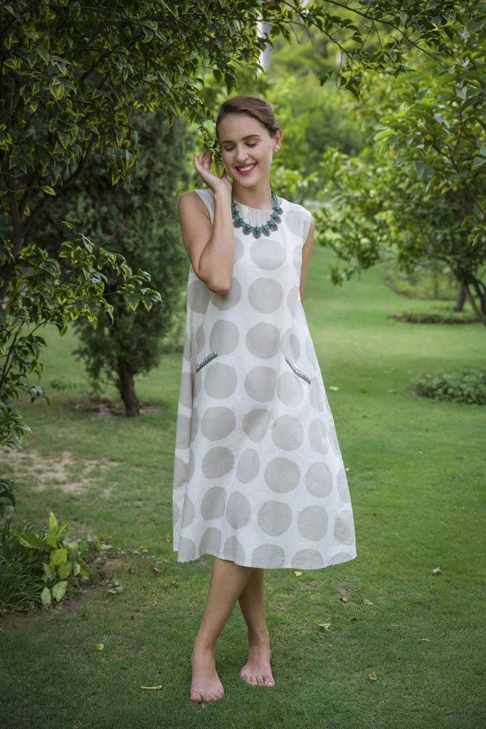 Beige Polka Printed Calf Length Cotton Dress - unidra.myshopify.com