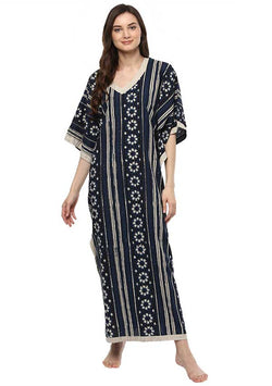 Indigo Ivory Flower Motif Hand Block Printed V-Neck Cotton Kaftan - unidra.myshopify.com