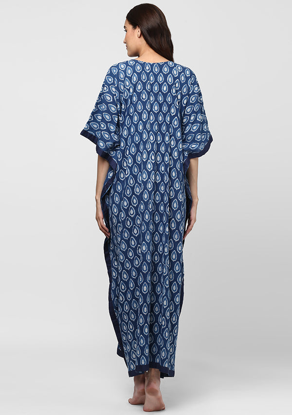 Indigo Ivory Leaf Motif Hand Block Printed V-Neck Cotton Kaftan - unidra.myshopify.com