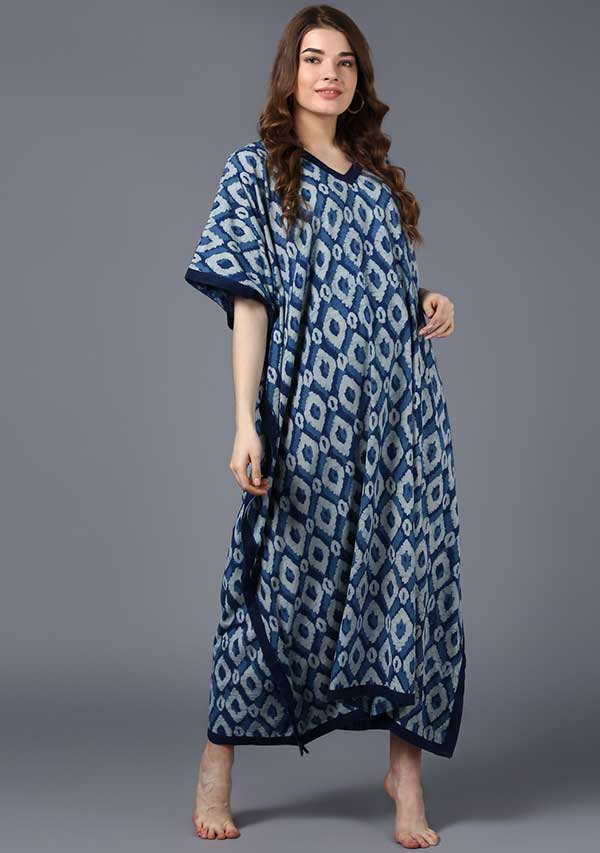 Indigo Ivory Hand Block Printed V-Neck Cotton Kaftan – uNidraa