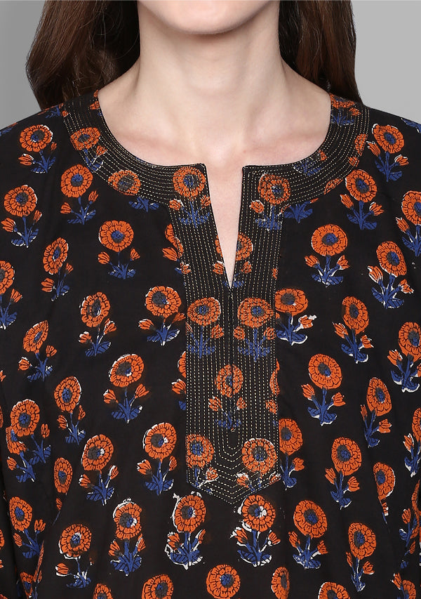 Black Orange Hand Block Printed Flower Motif Nighty Kaftan with Golden Stitch Lines - unidra.myshopify.com